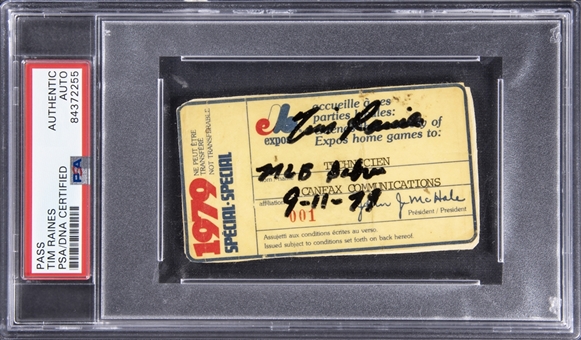 Tim Raines Signed & Inscribed 1979 Montreal Expos Season Pass from MLB Debut on 9/11/1979 - PSA/DNA Authentic